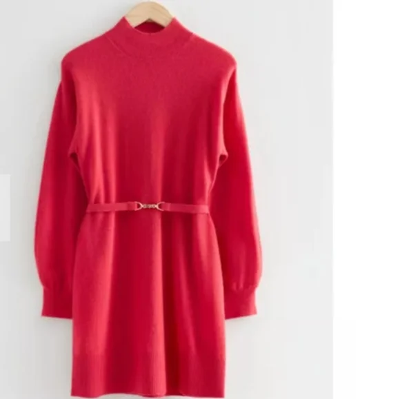 & Other Stories X Anthropologie Red Belted 100% Cashmere Mini Dress - Picture 4 of 12
